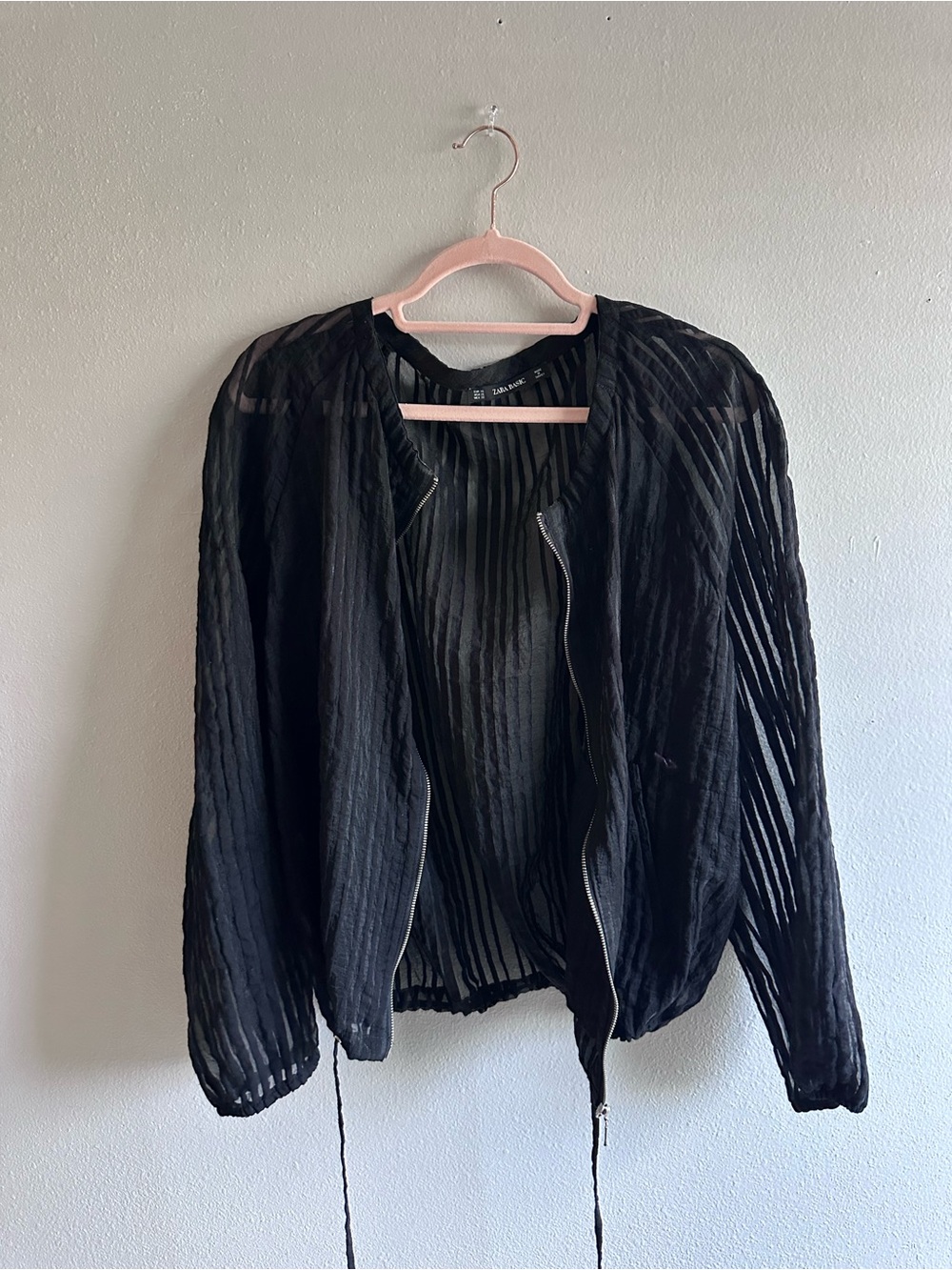 Zara Black Sheer Striped Bomber Jacket